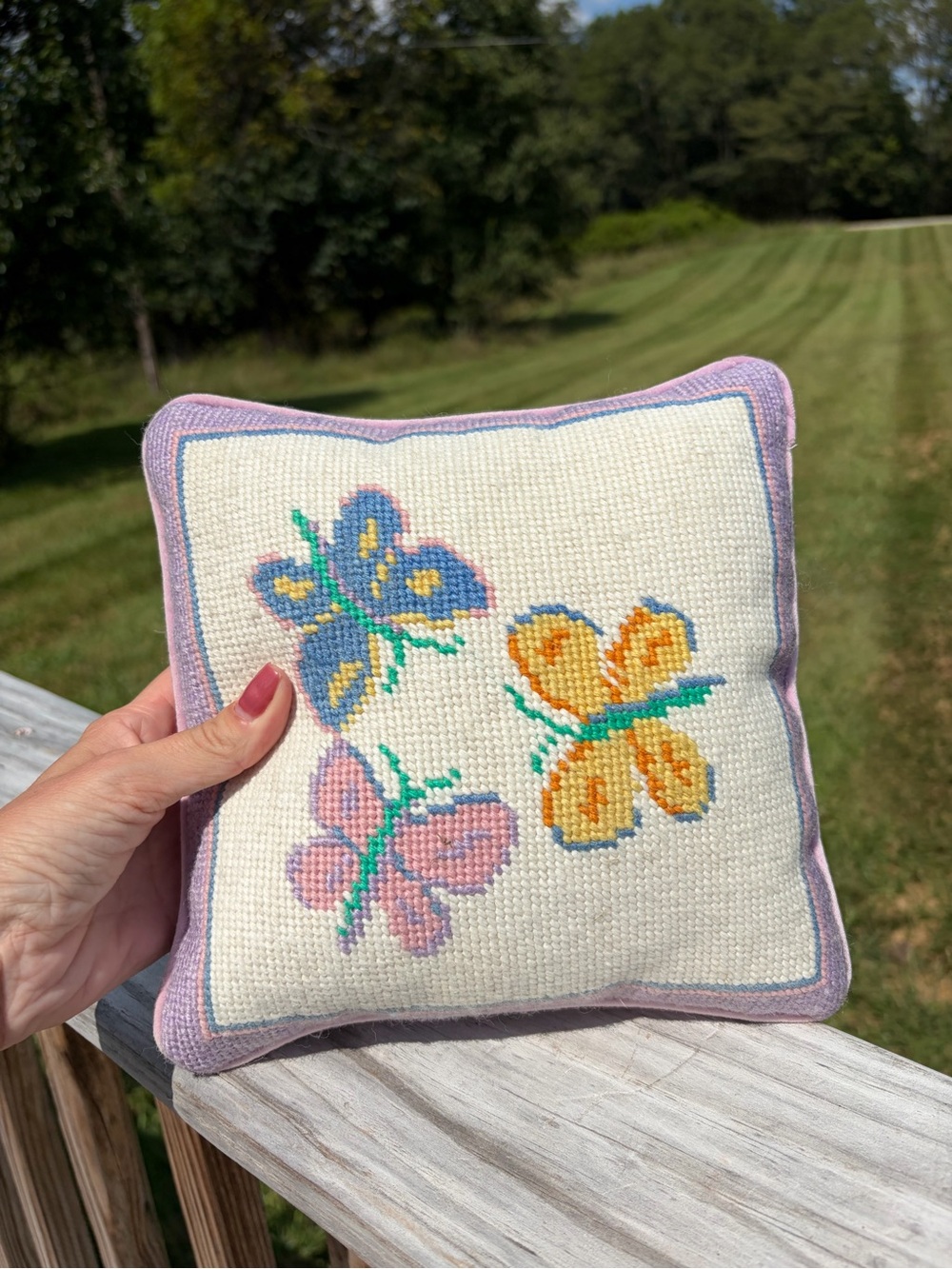 Vtg Needlepoint Butterfly Accent Tapestry Throw Pillow Boho Glam Spring Summer